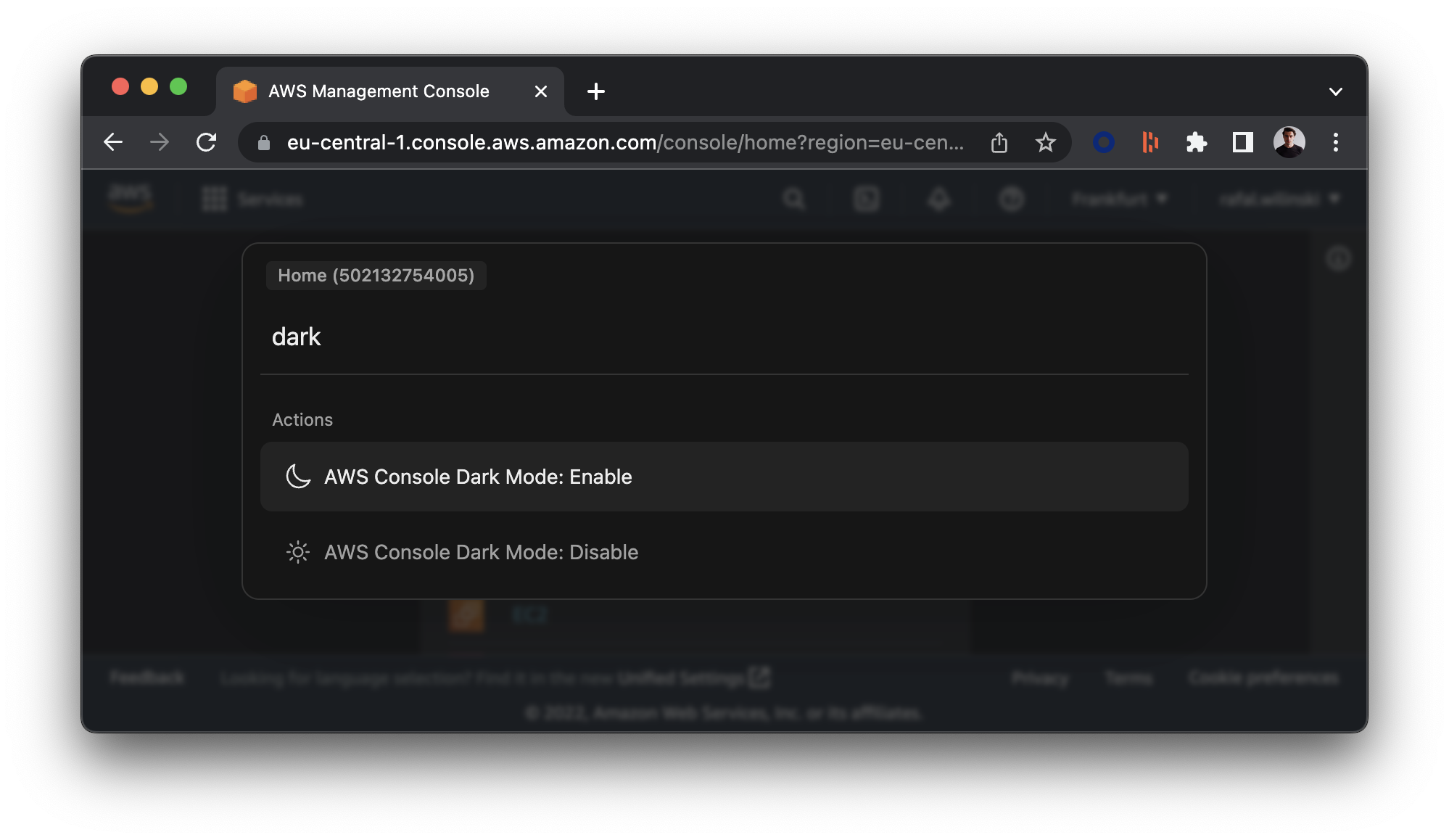 Enabling AWS Console dark mode using CloudTempo